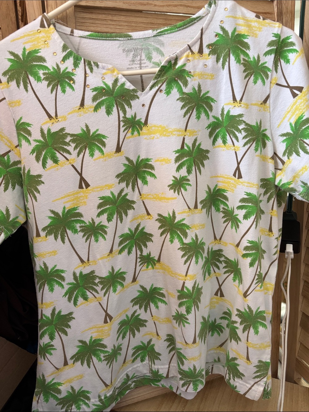 Bon Worth PalmTree Print Short Sleeve Tee - Green & Yellow on White Petite Small